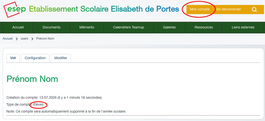 Informations sur le compte